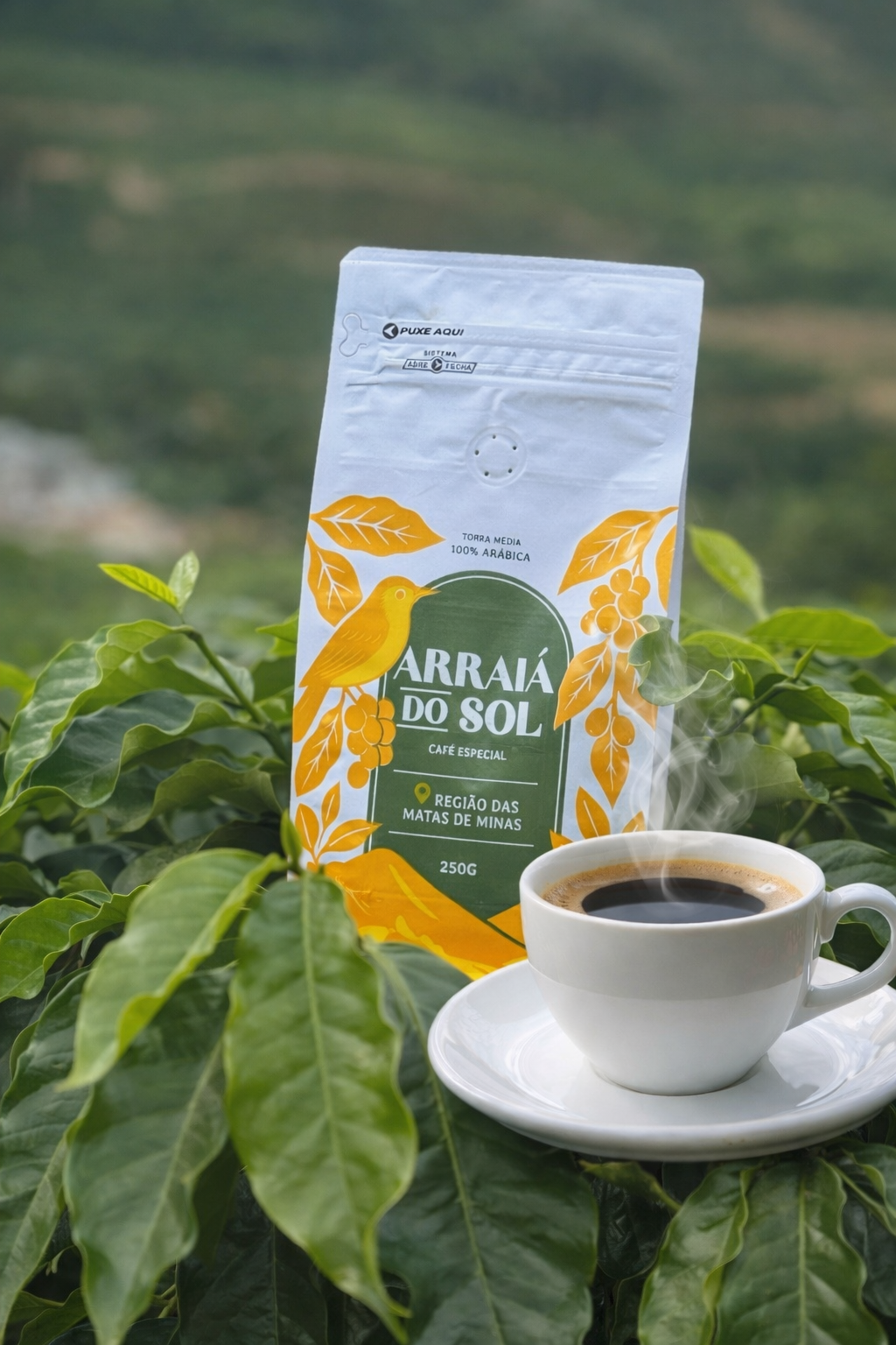 Xícara fumegante de Café Especial na lavoura
